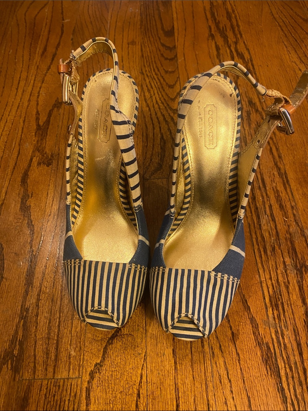 Coach Navy & Cream Striped Peep-Toe Slingback Heels